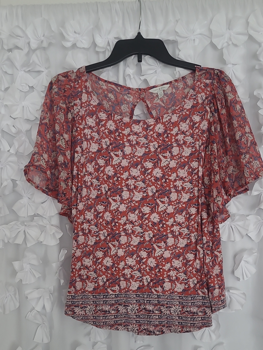 LUCKY BRAND Boho Floral Flutter-Sleeve Top in Rust